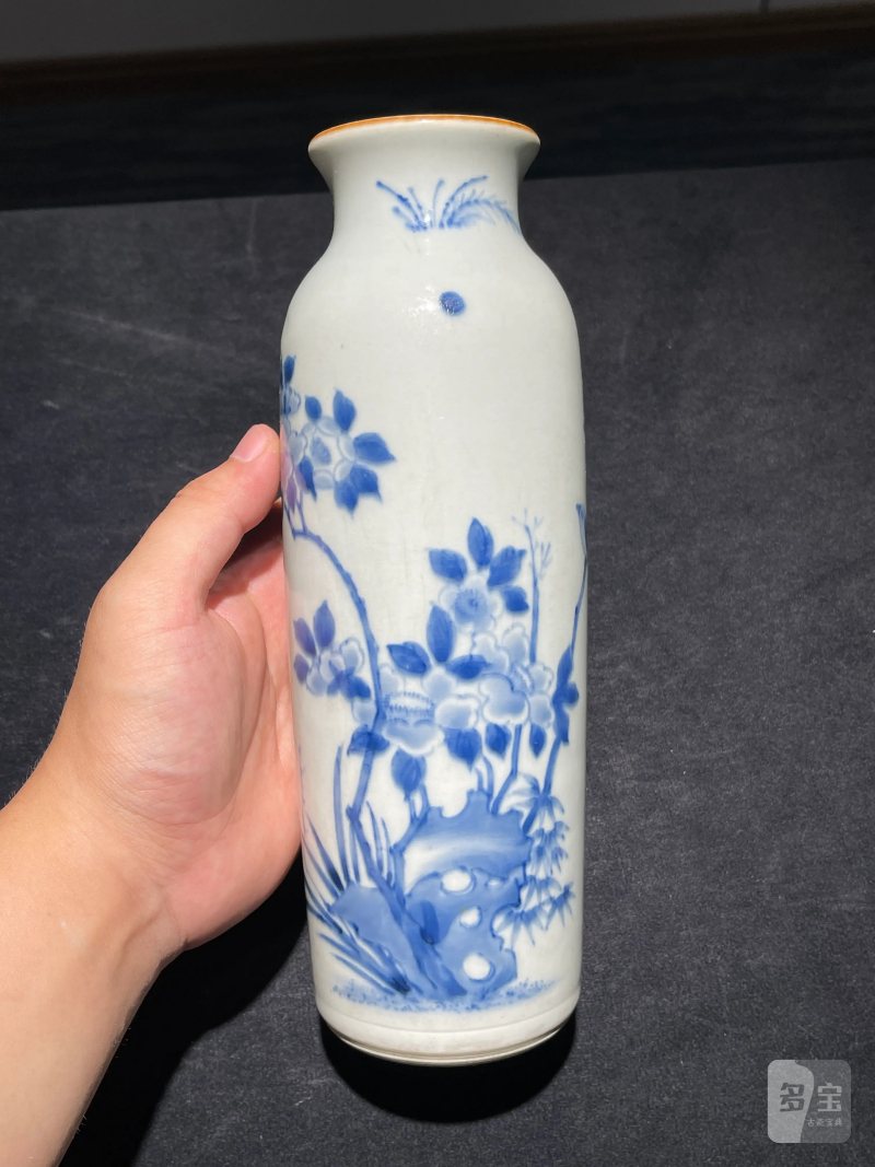 清顺治 青花花鸟纹筒瓶 - 图2